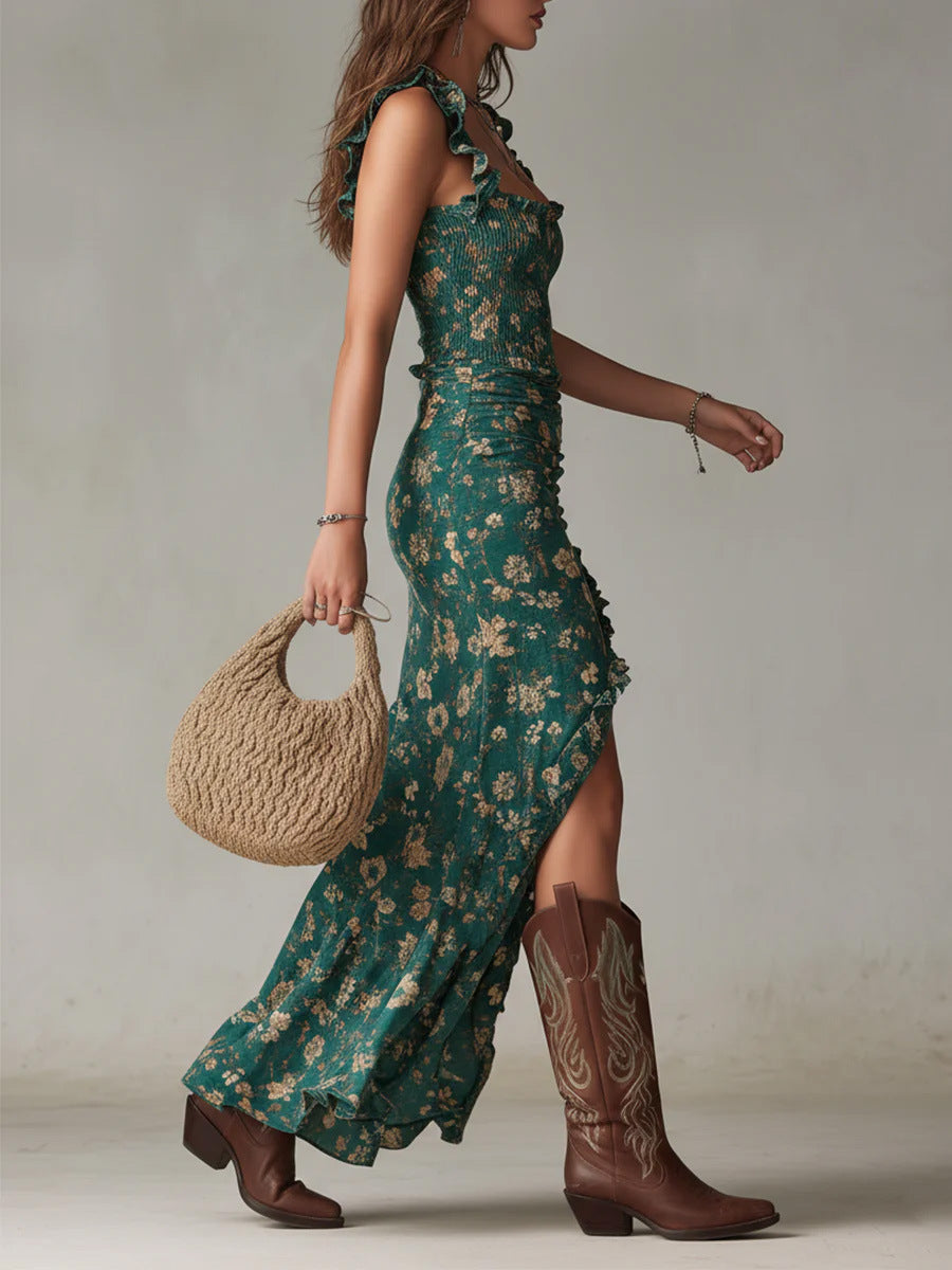 Lora | Smocked Floral Ruffle Split Maxi Dress