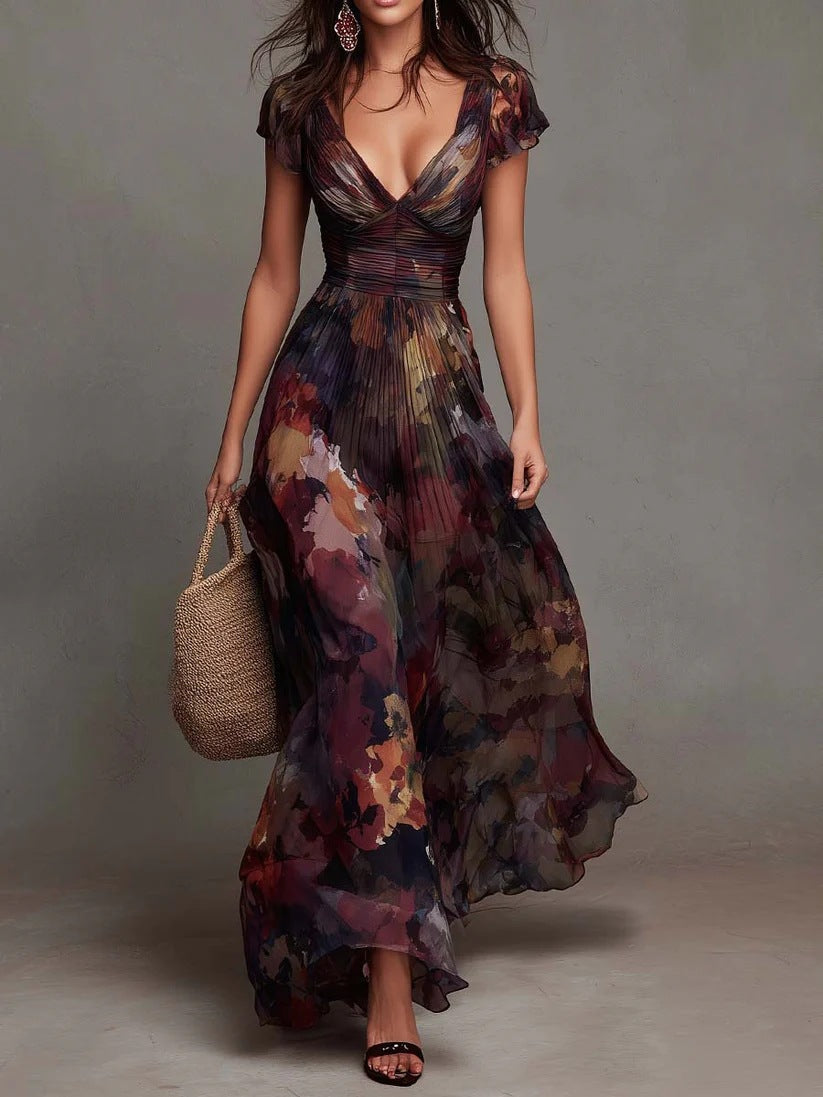 Camellia | Watercolor Pleated Maxi Dress