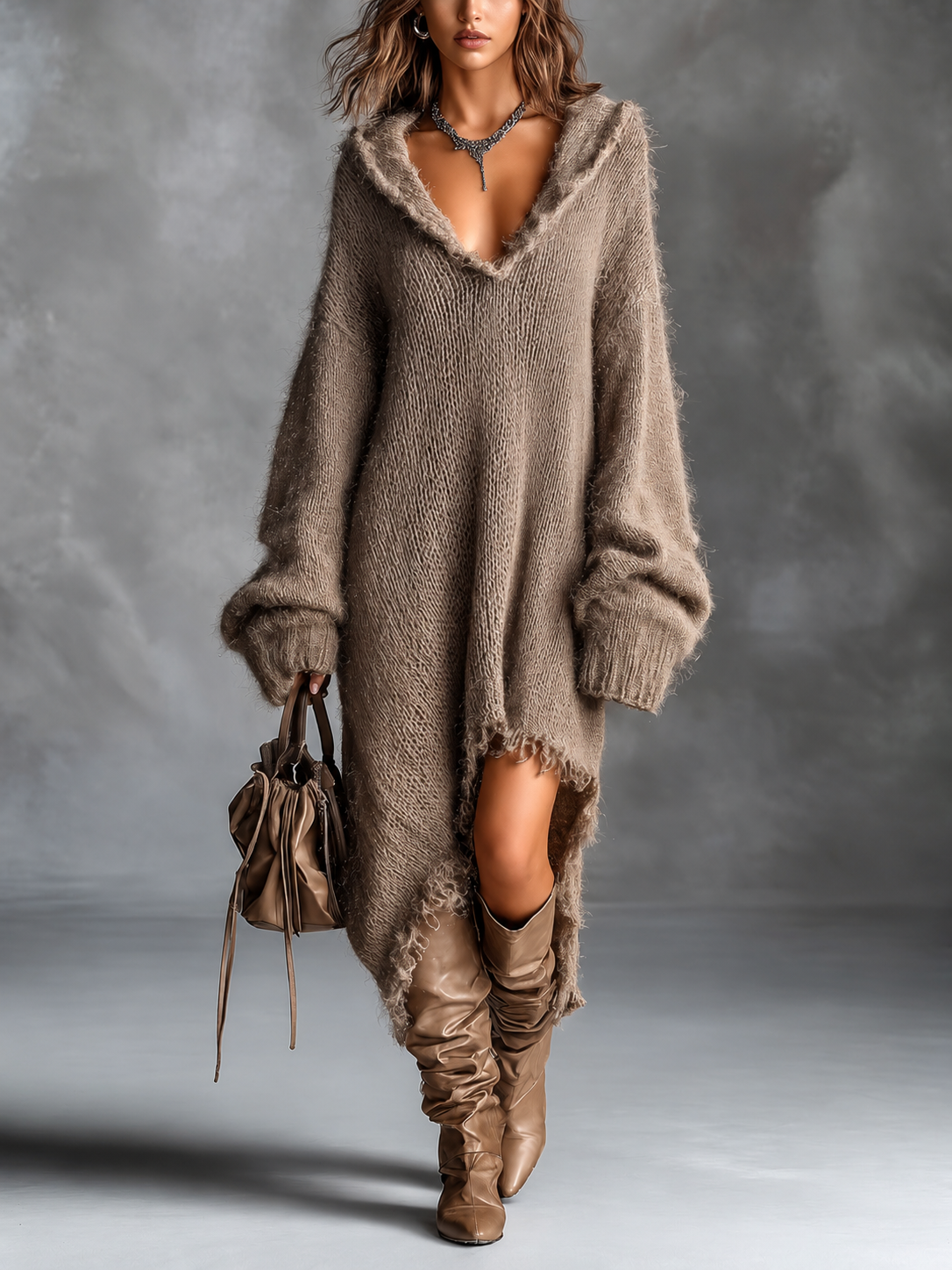 Heather | Boho Chic Asymmetric Hooded Knit Dress