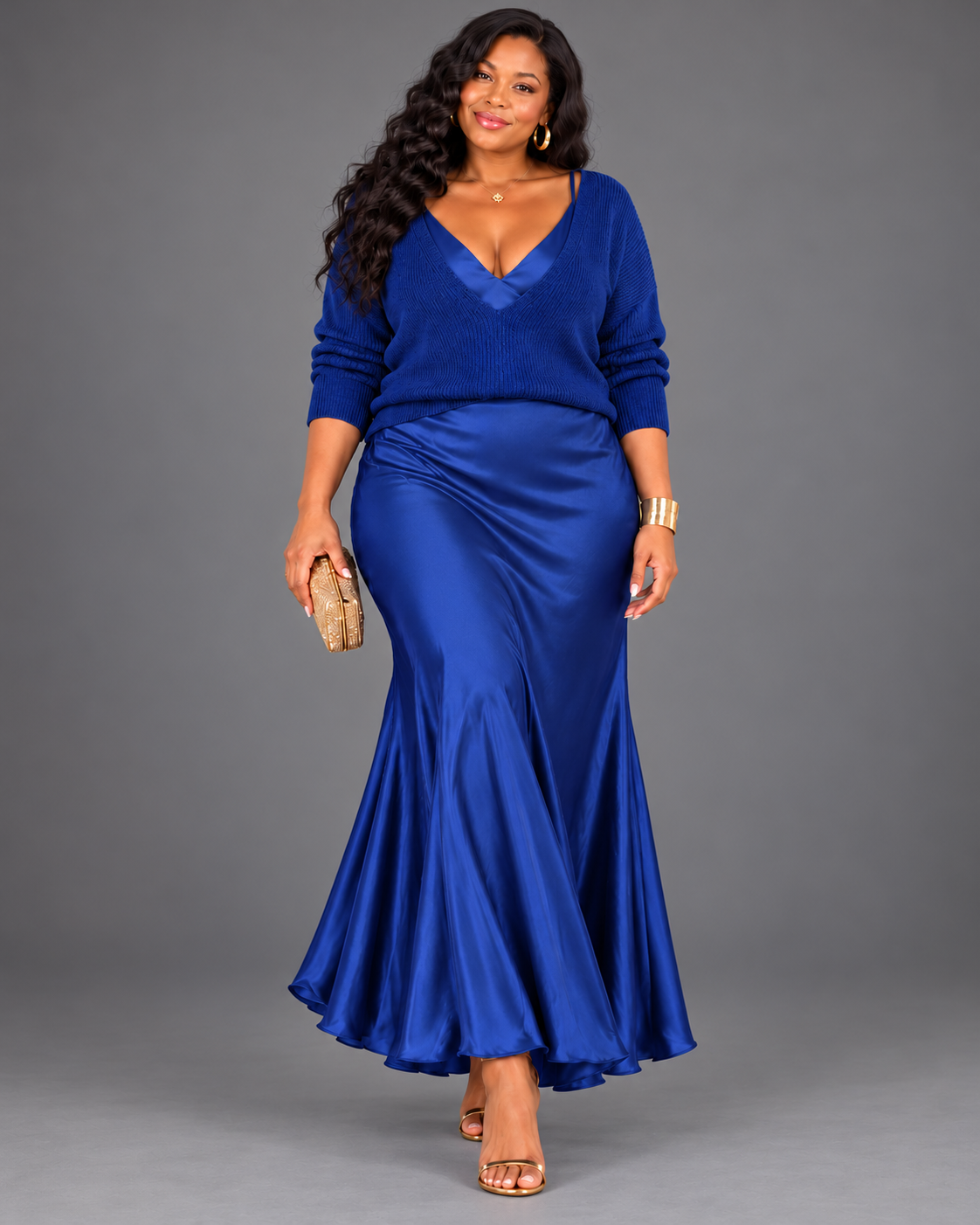 Jessa | Elegant V-Neck Knit & Satin Maxi Dress Set
