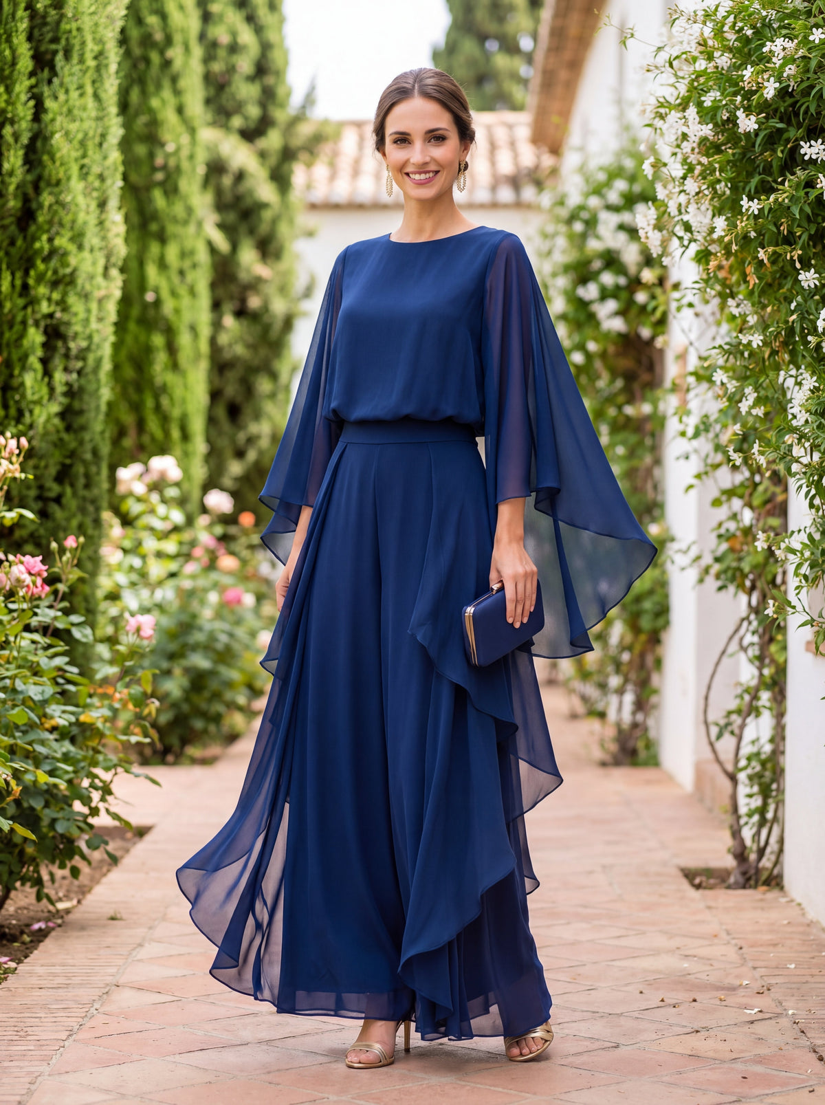 Lenorah | Chic Cape-Sleeve Chiffon Two-Piece Set