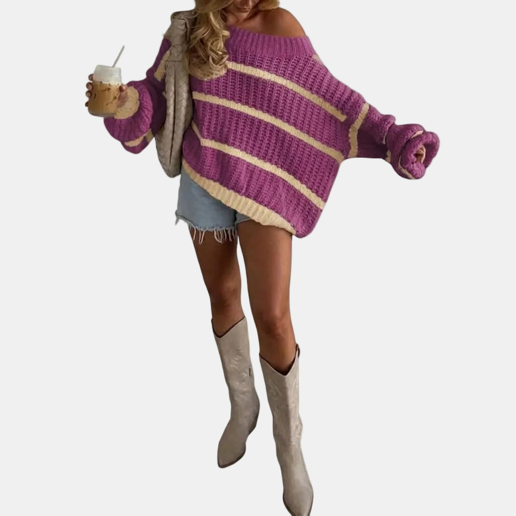 Sabrina | Cozy Off-Shoulder Striped Knit Sweater