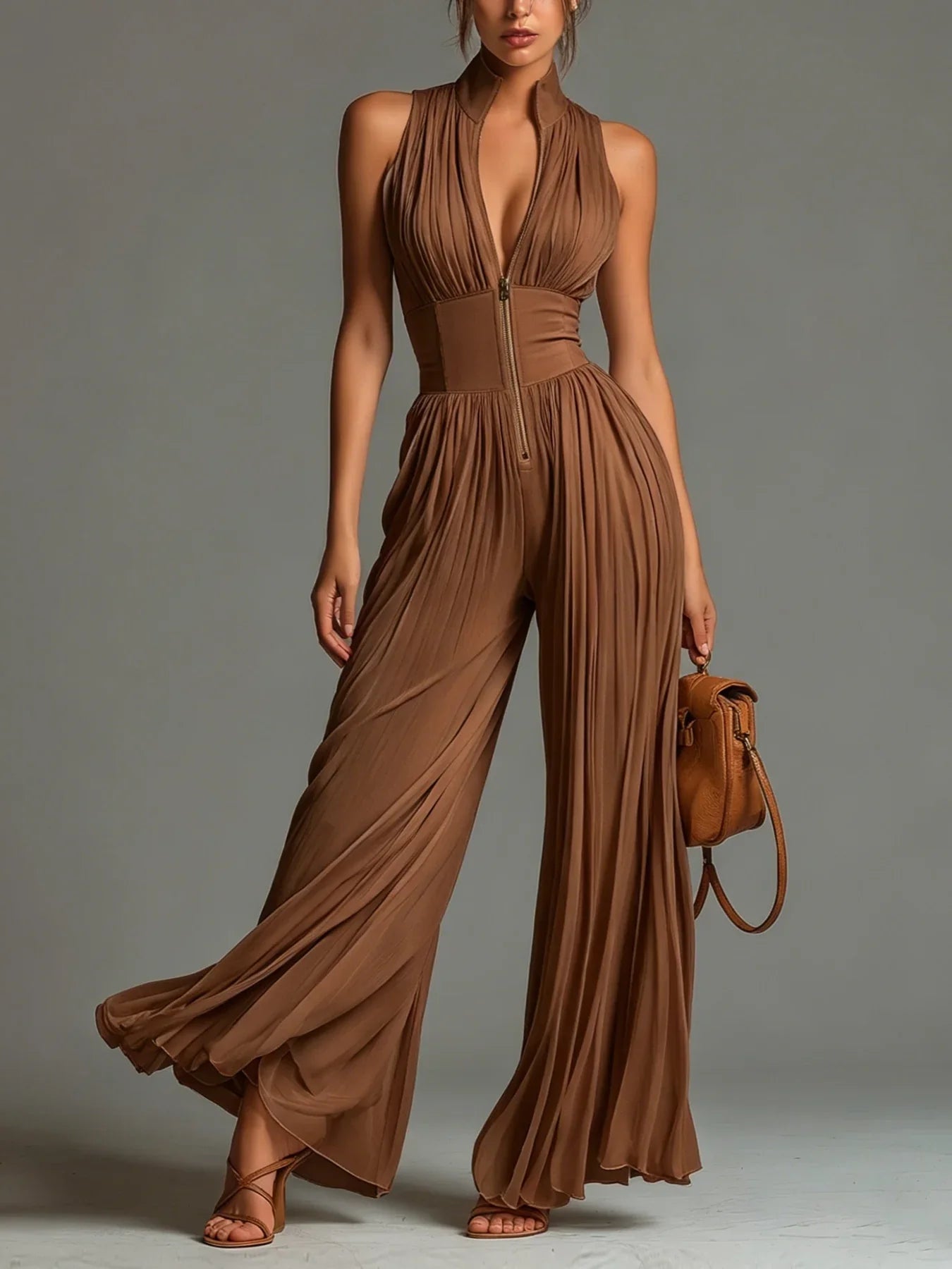Laure | Pleated Wide-Leg Zip-Front Jumpsuit