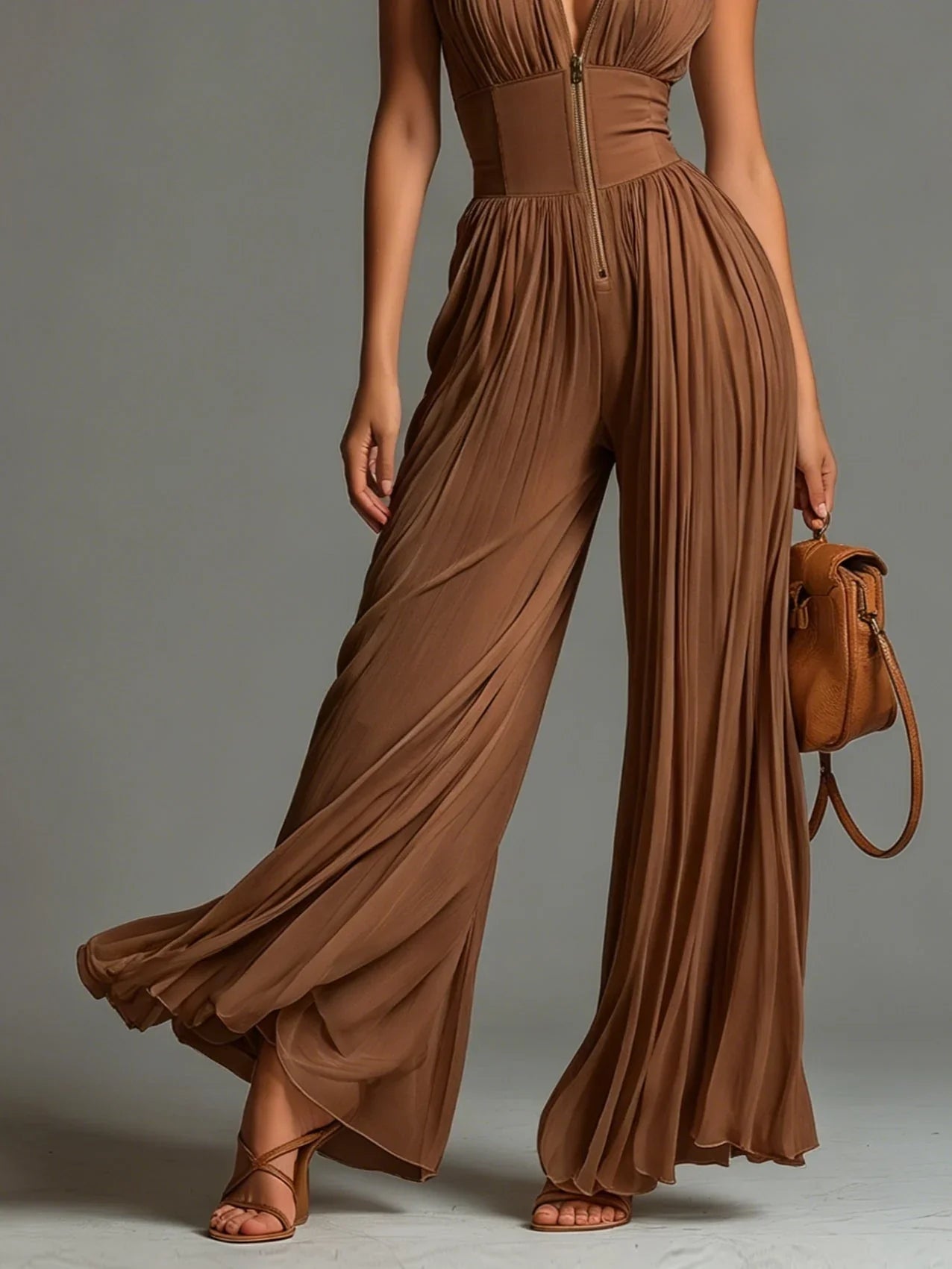 Laure | Pleated Wide-Leg Zip-Front Jumpsuit