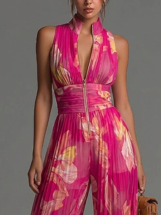 Laure | Pleated Wide-Leg Zip-Front Jumpsuit