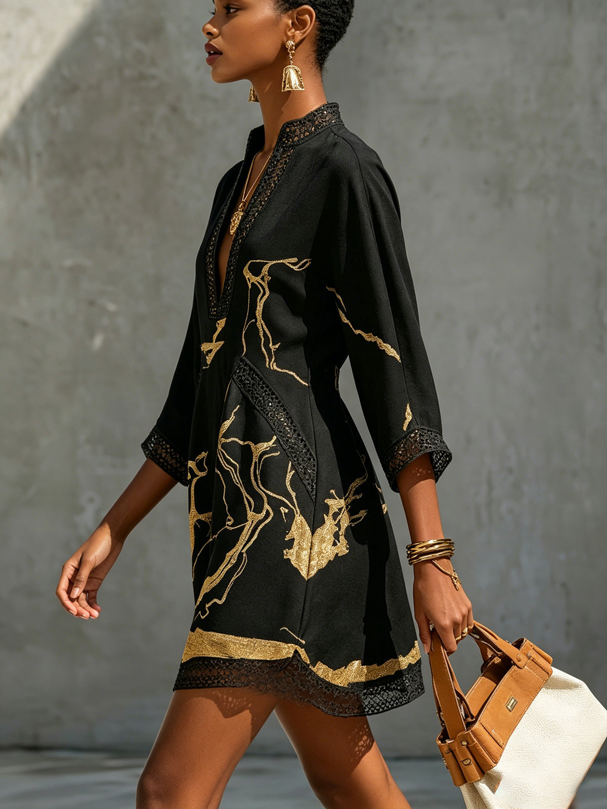 Bianca | Crochet Trim Printed Mini Dress