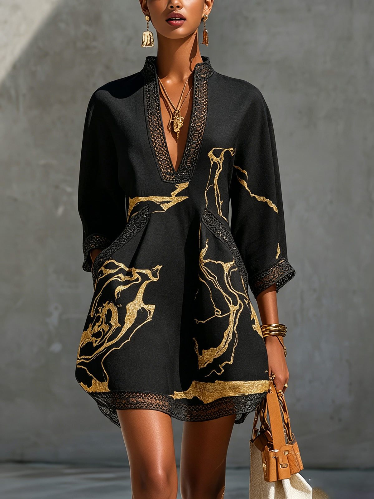 Bianca | Crochet Trim Printed Mini Dress