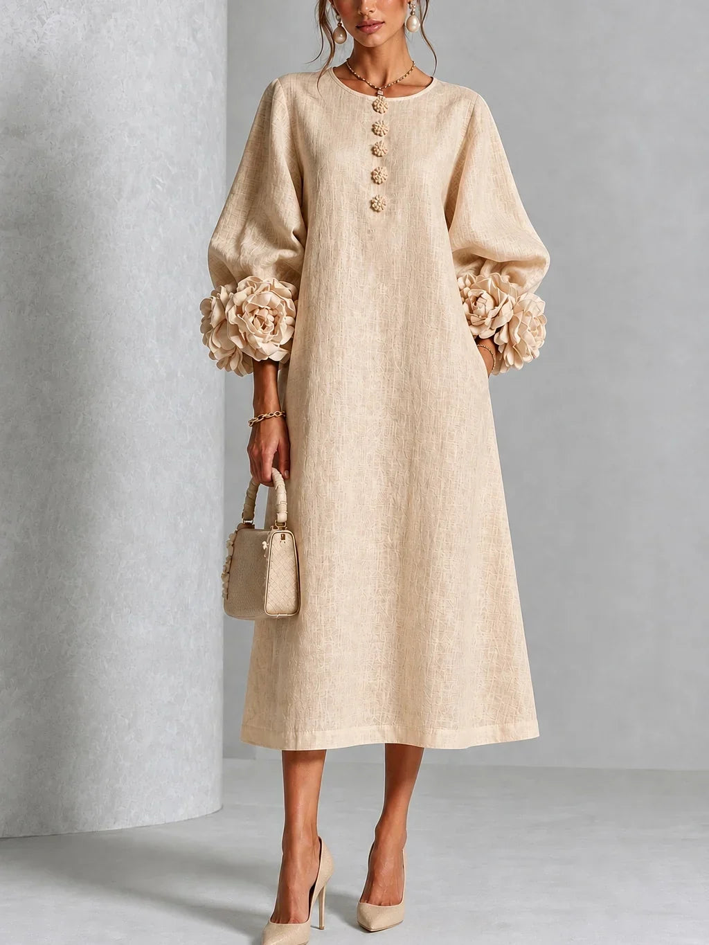 Chicca | Floral Button-Down Midi Dress with Statement Cuff Details