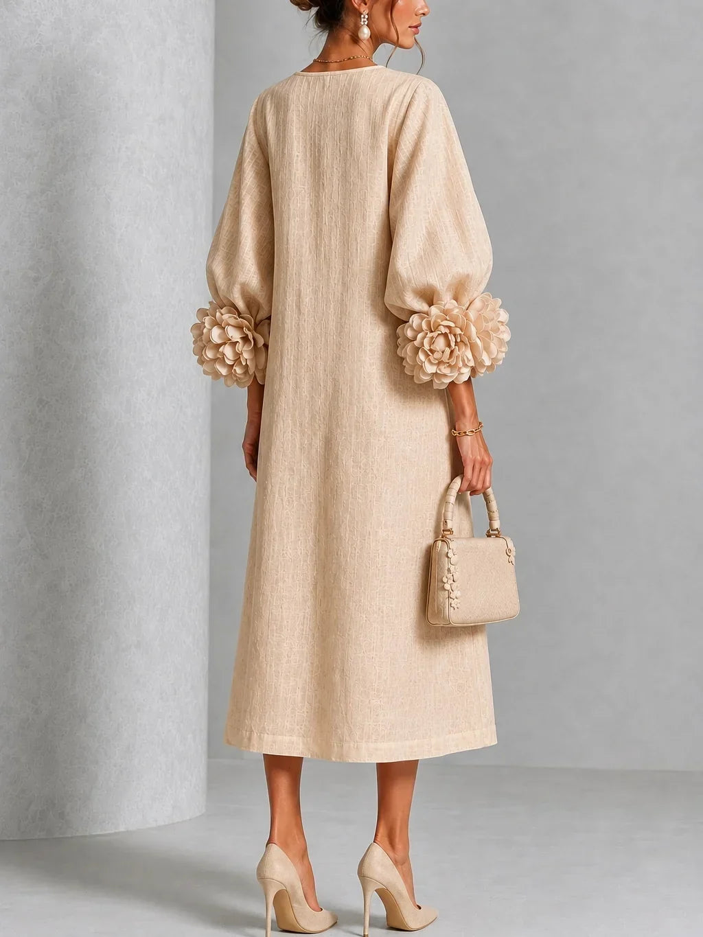 Chicca | Floral Button-Down Midi Dress with Statement Cuff Details
