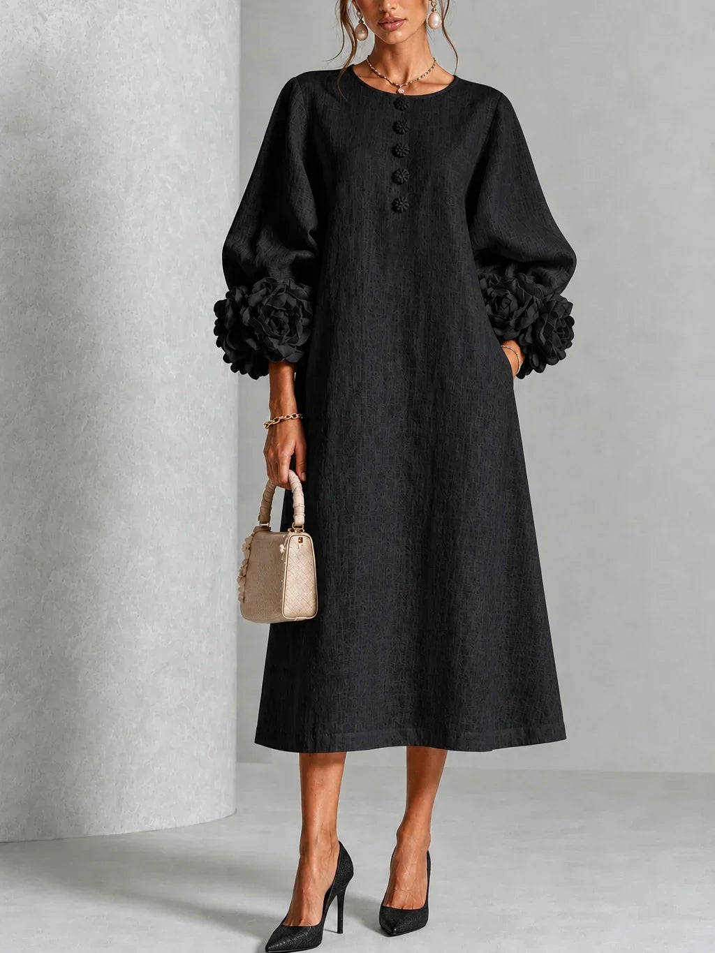 Chicca | Floral Button-Down Midi Dress with Statement Cuff Details