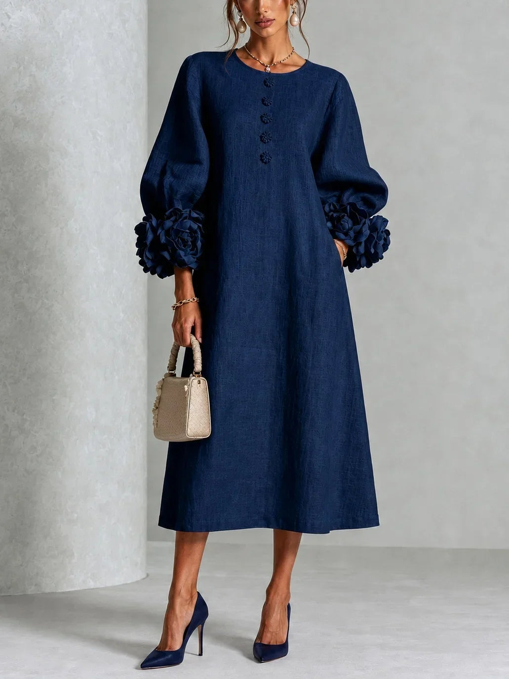 Chicca | Floral Button-Down Midi Dress with Statement Cuff Details