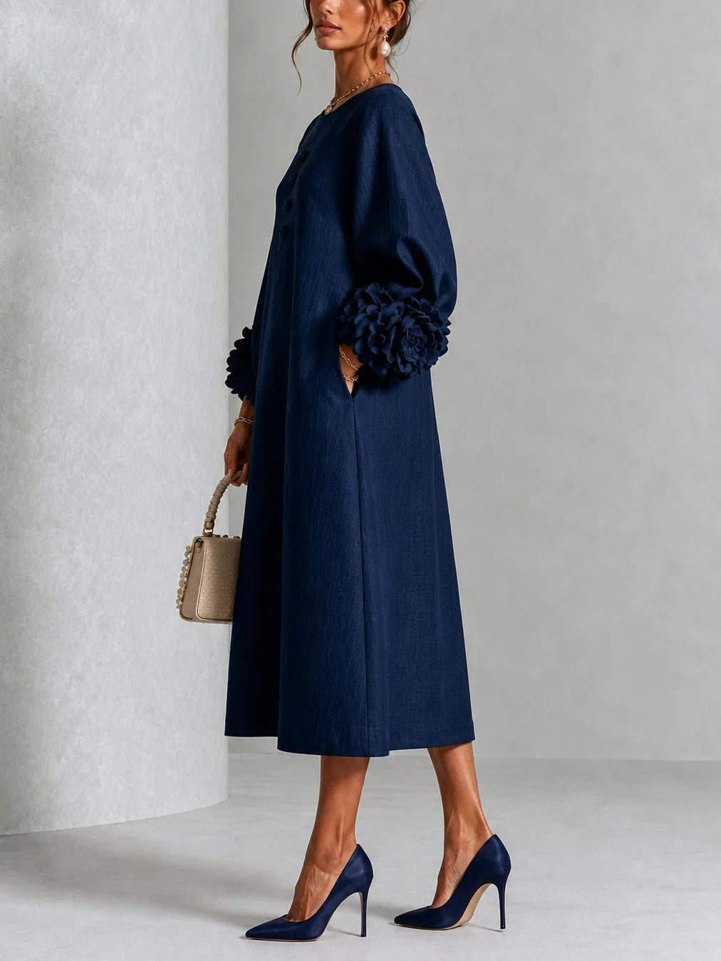 Chicca | Floral Button-Down Midi Dress with Statement Cuff Details