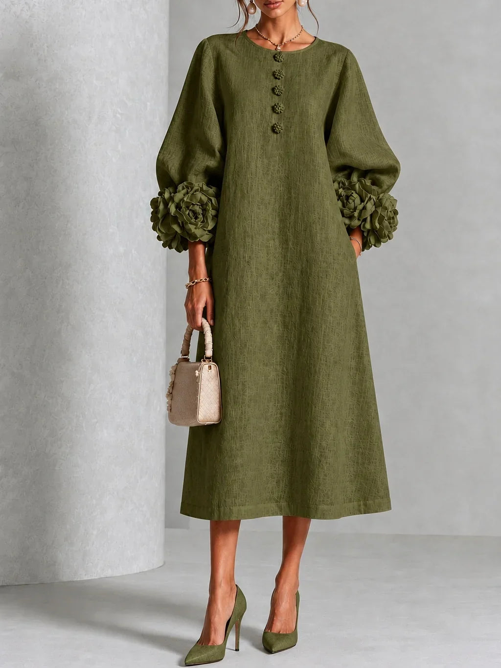 Chicca | Floral Button-Down Midi Dress with Statement Cuff Details