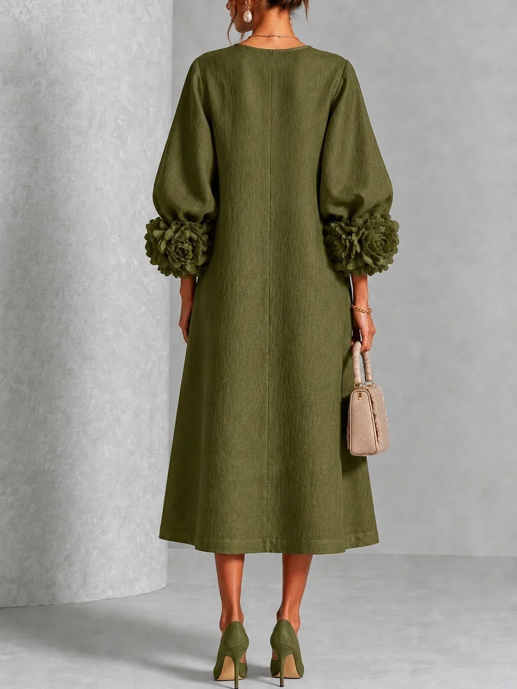 Chicca | Floral Button-Down Midi Dress with Statement Cuff Details