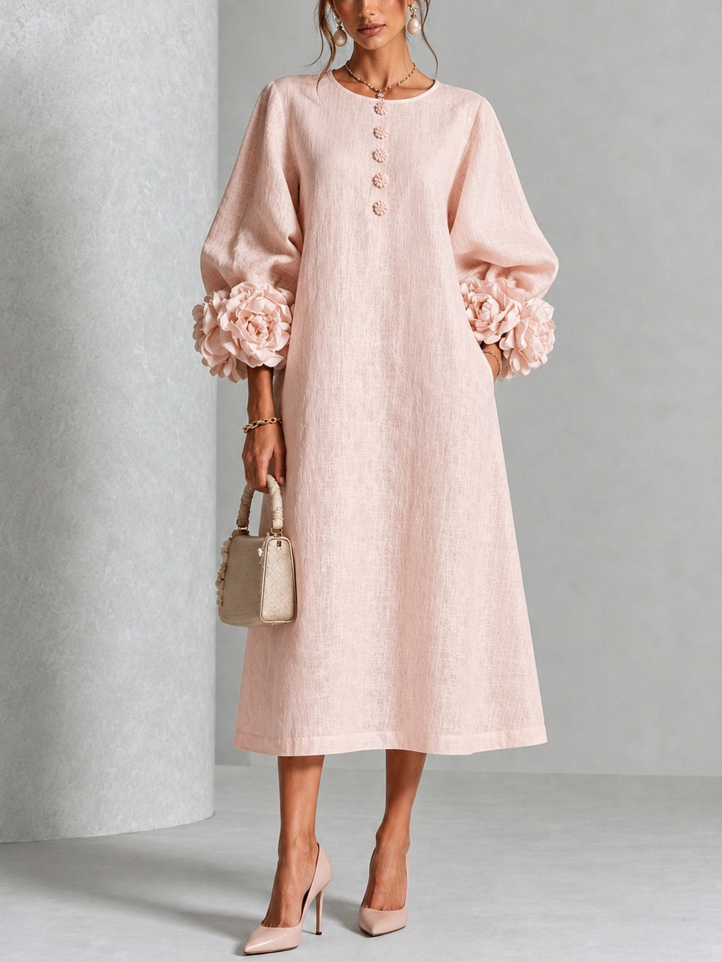 Liliana | Elegant Floral-Cuff Midi Dress