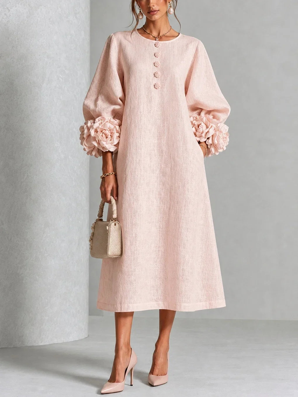 Chicca | Floral Button-Down Midi Dress with Statement Cuff Details