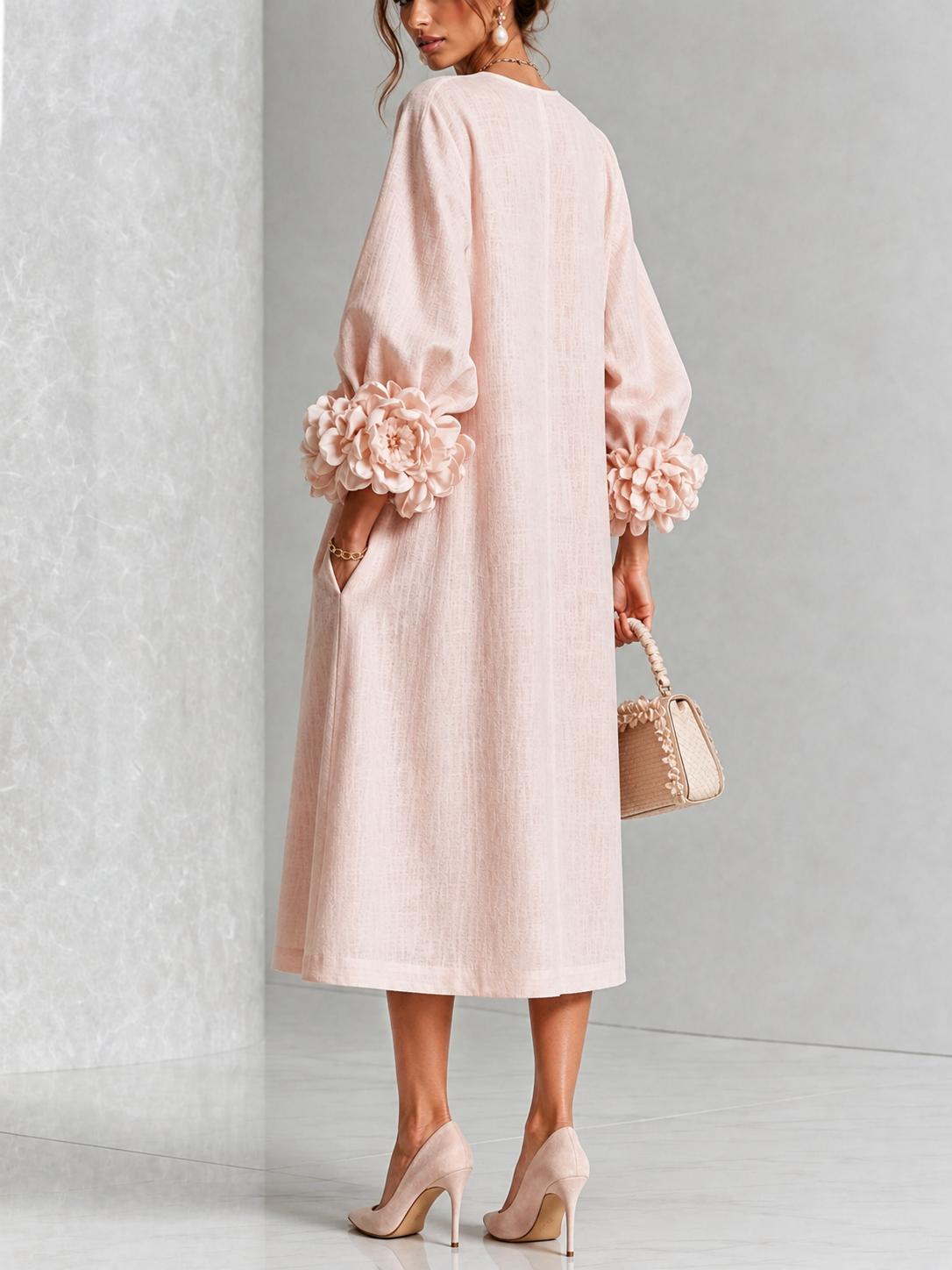 Liliana | Elegant Floral-Cuff Midi Dress