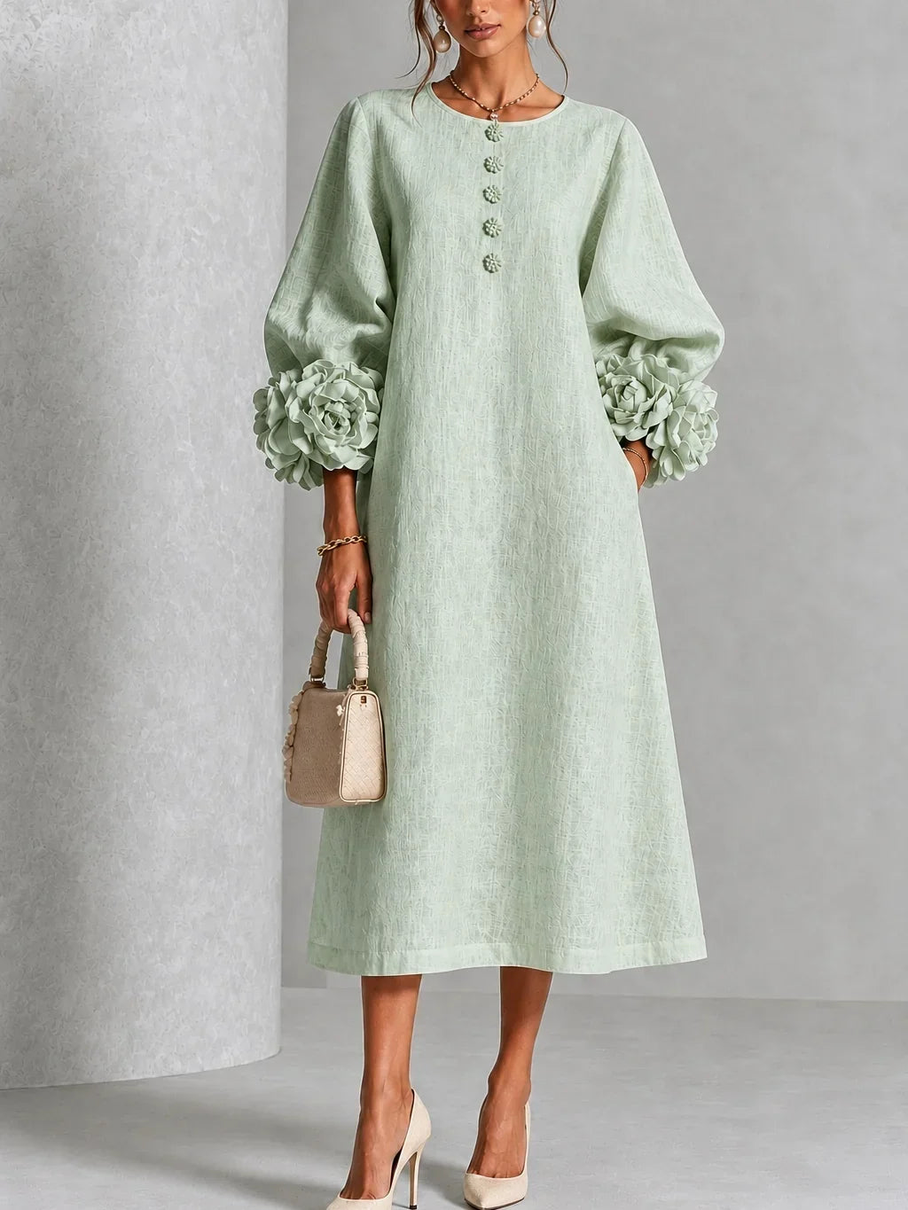 Chicca | Floral Button-Down Midi Dress with Statement Cuff Details
