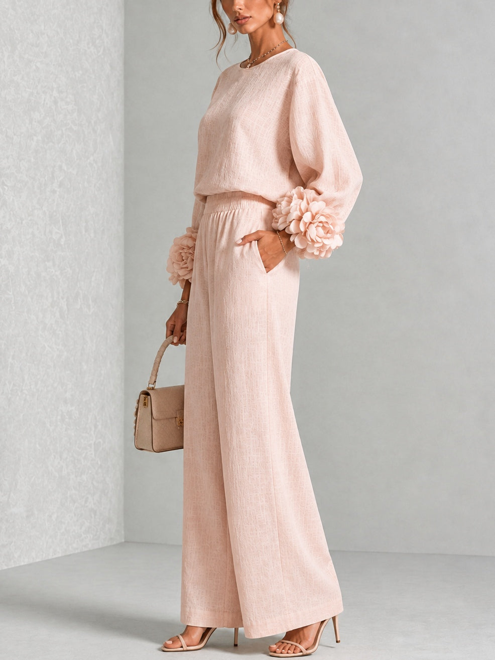 Annalise | Floral-Cuff Wide-Leg Two-Piece Set