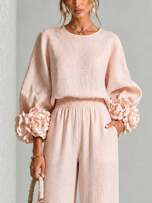 Annalise | Floral-Cuff Wide-Leg Two-Piece Set