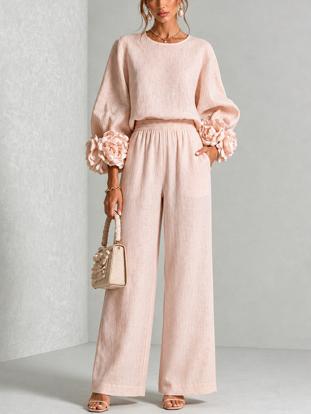 Annalise | Floral-Cuff Wide-Leg Two-Piece Set