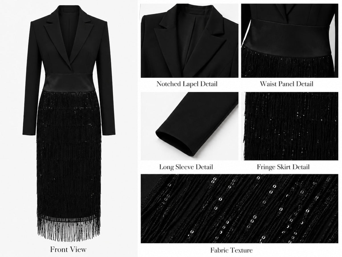 Edna | Elegant Blazer-Style Midi Dress with Sequin Fringe Detailing