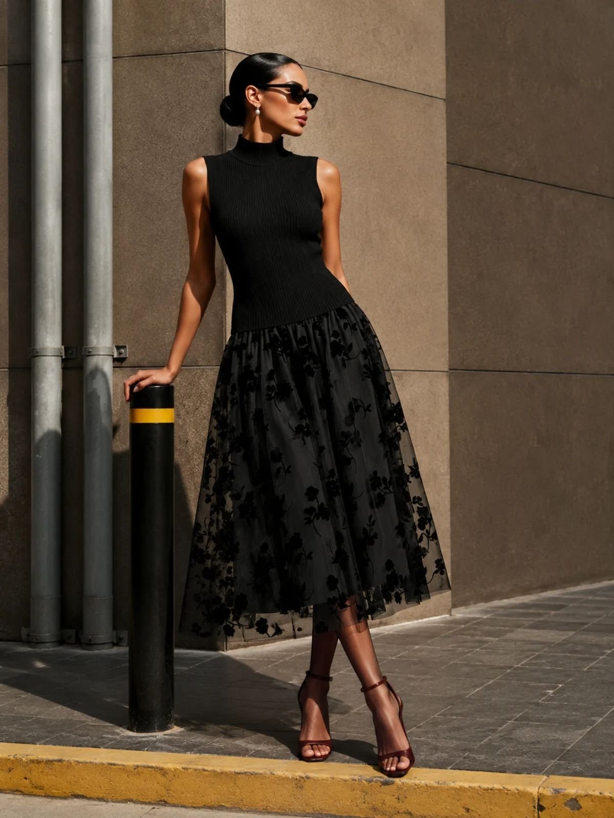 Addie | Sophisticated High-Neck Knit Dress with Floral Mesh Skirt