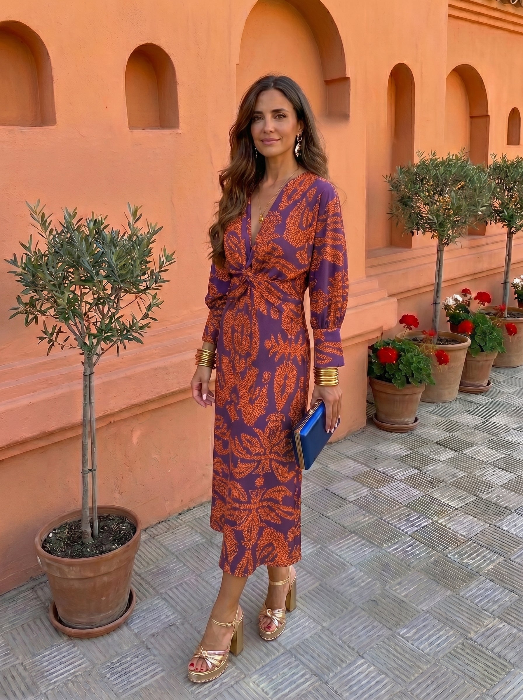 Twist Front Printed Midi Dress