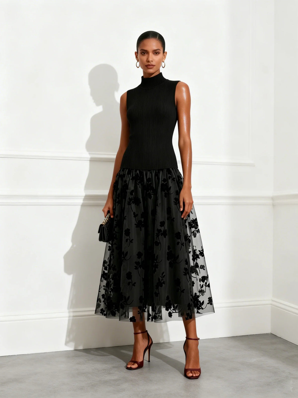 Addie | Sophisticated High-Neck Knit Dress with Floral Mesh Skirt
