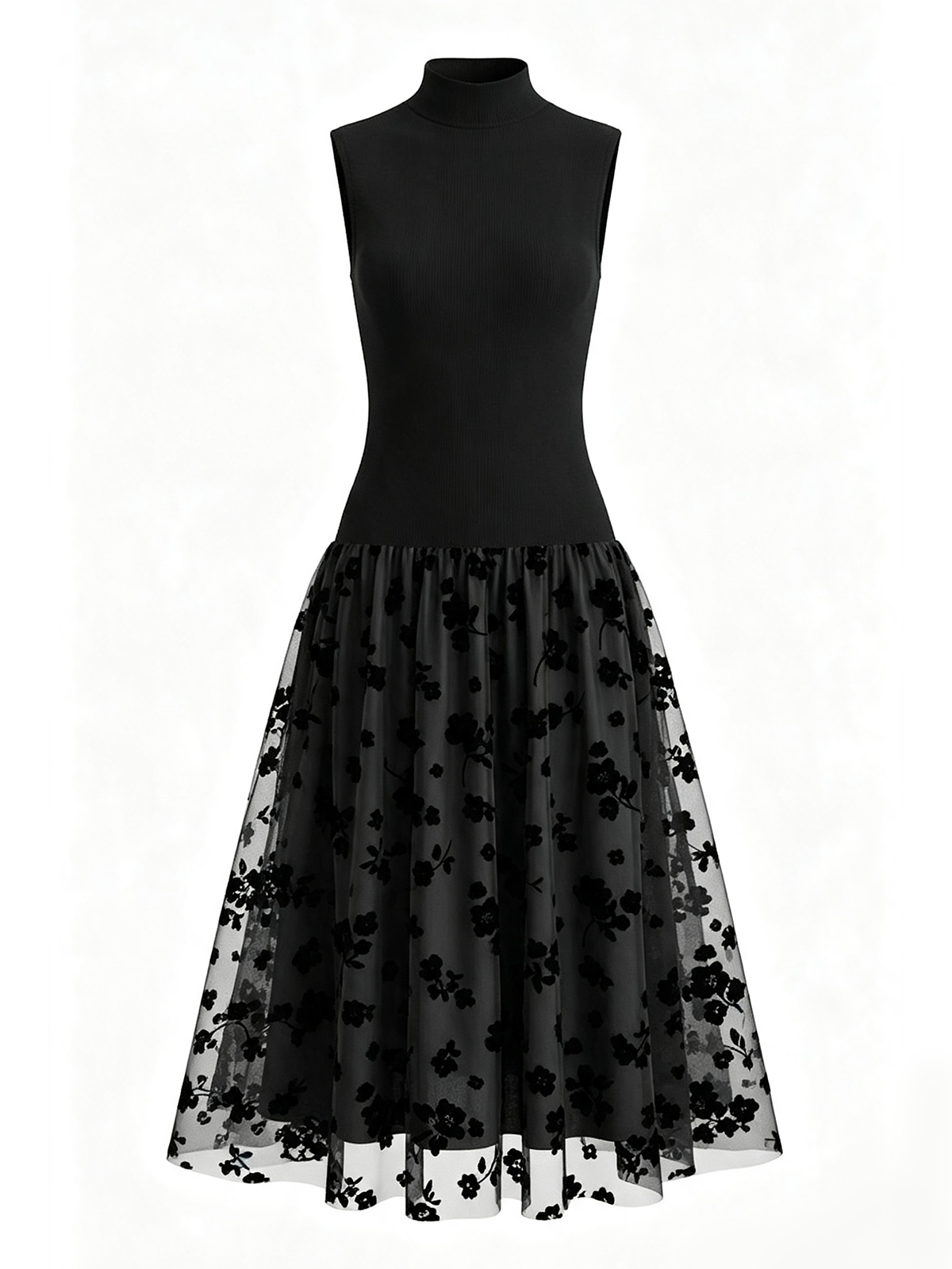 Addie | Sophisticated High-Neck Knit Dress with Floral Mesh Skirt