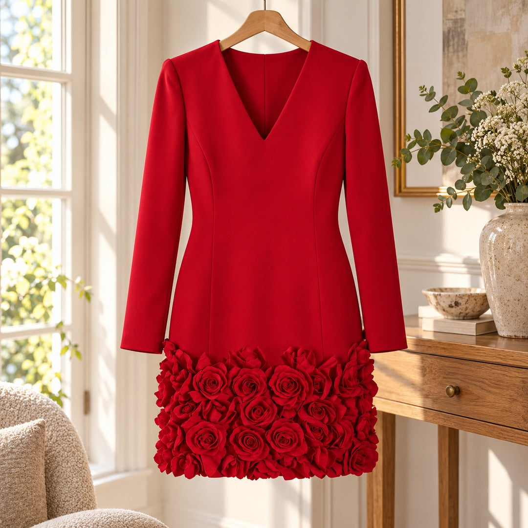 Madeline | Elegant 3D Rose Hem Mini Dress