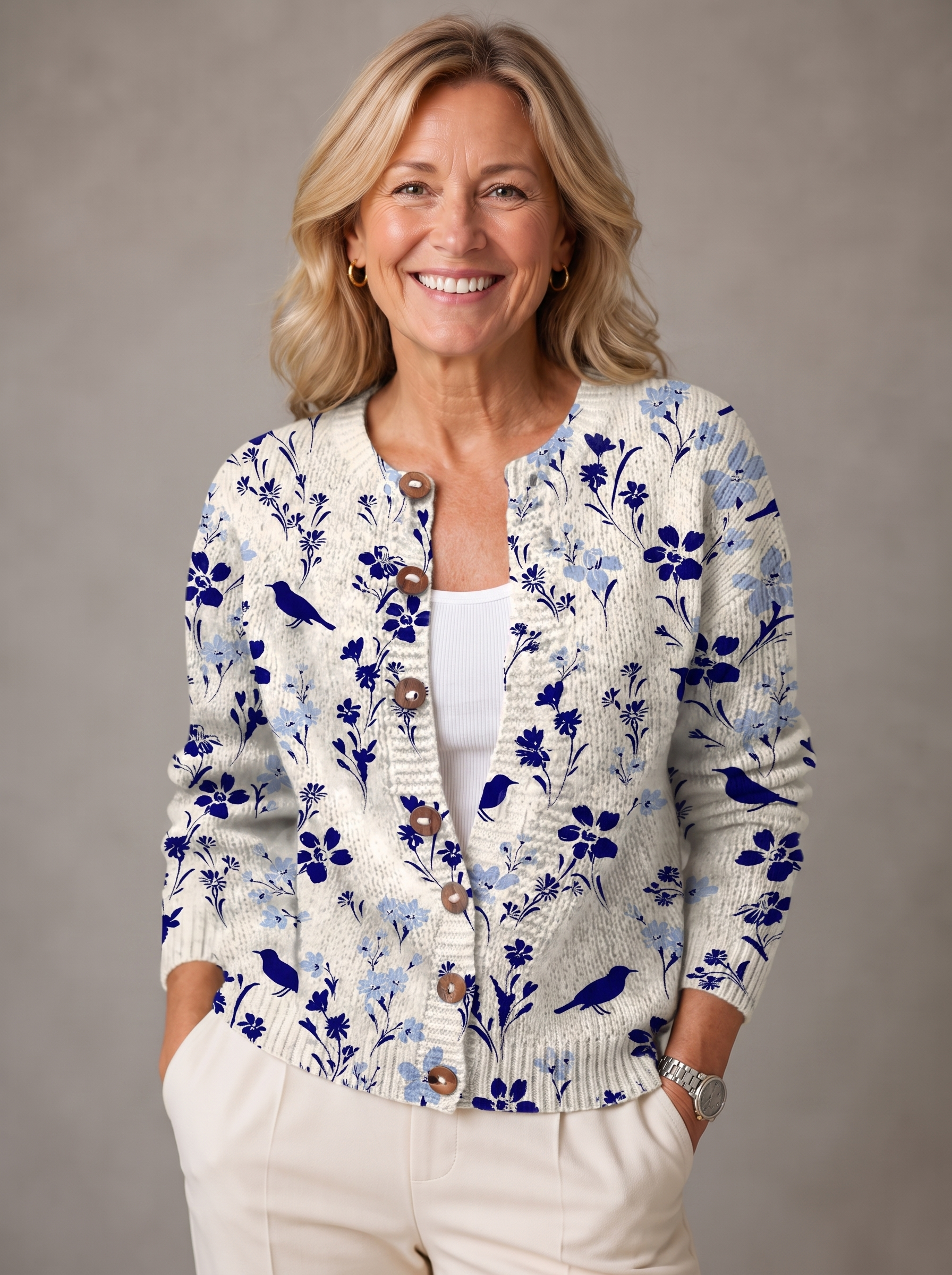 Beatrice | Vintage Floral Bird Print Button-Front Cardigan