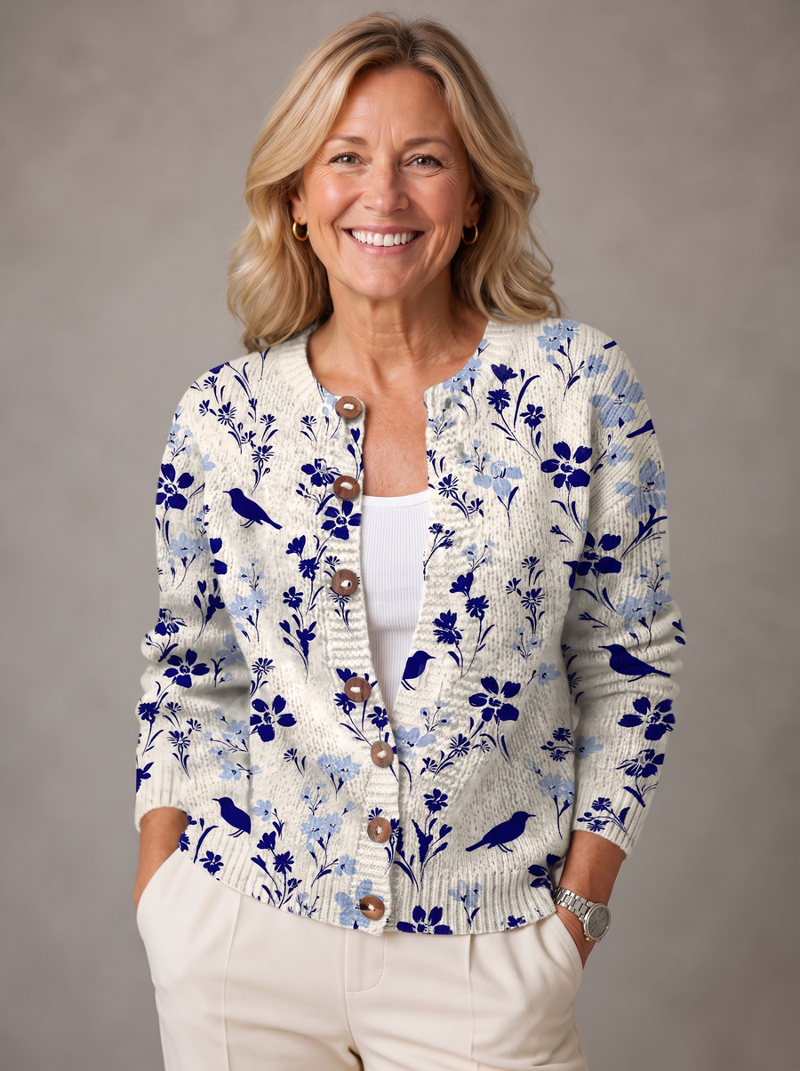 Beatrice | Vintage Floral Bird Print Button-Front Cardigan