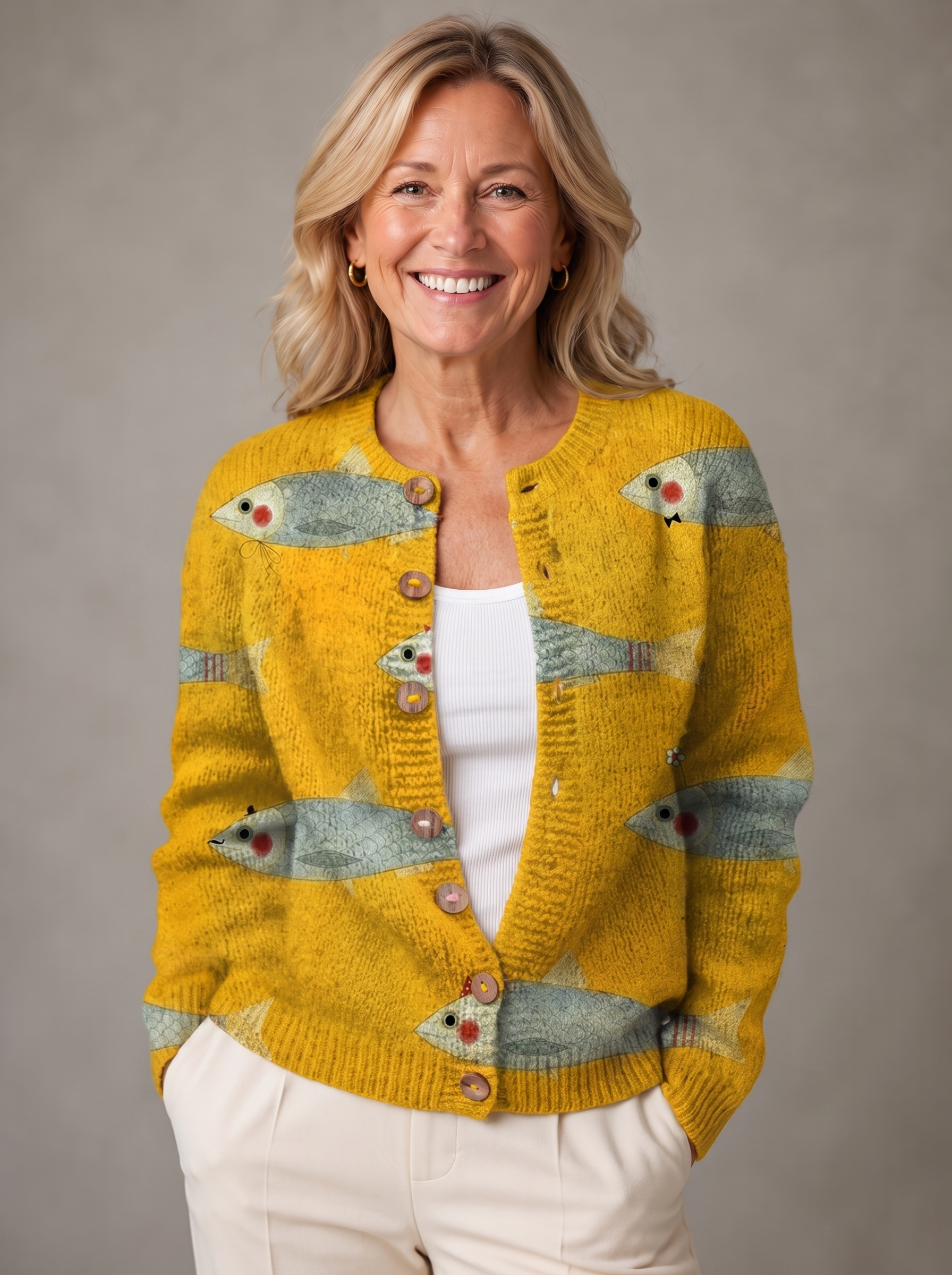 Lyla | Coastal Fish Motif Knit Button Cardigan
