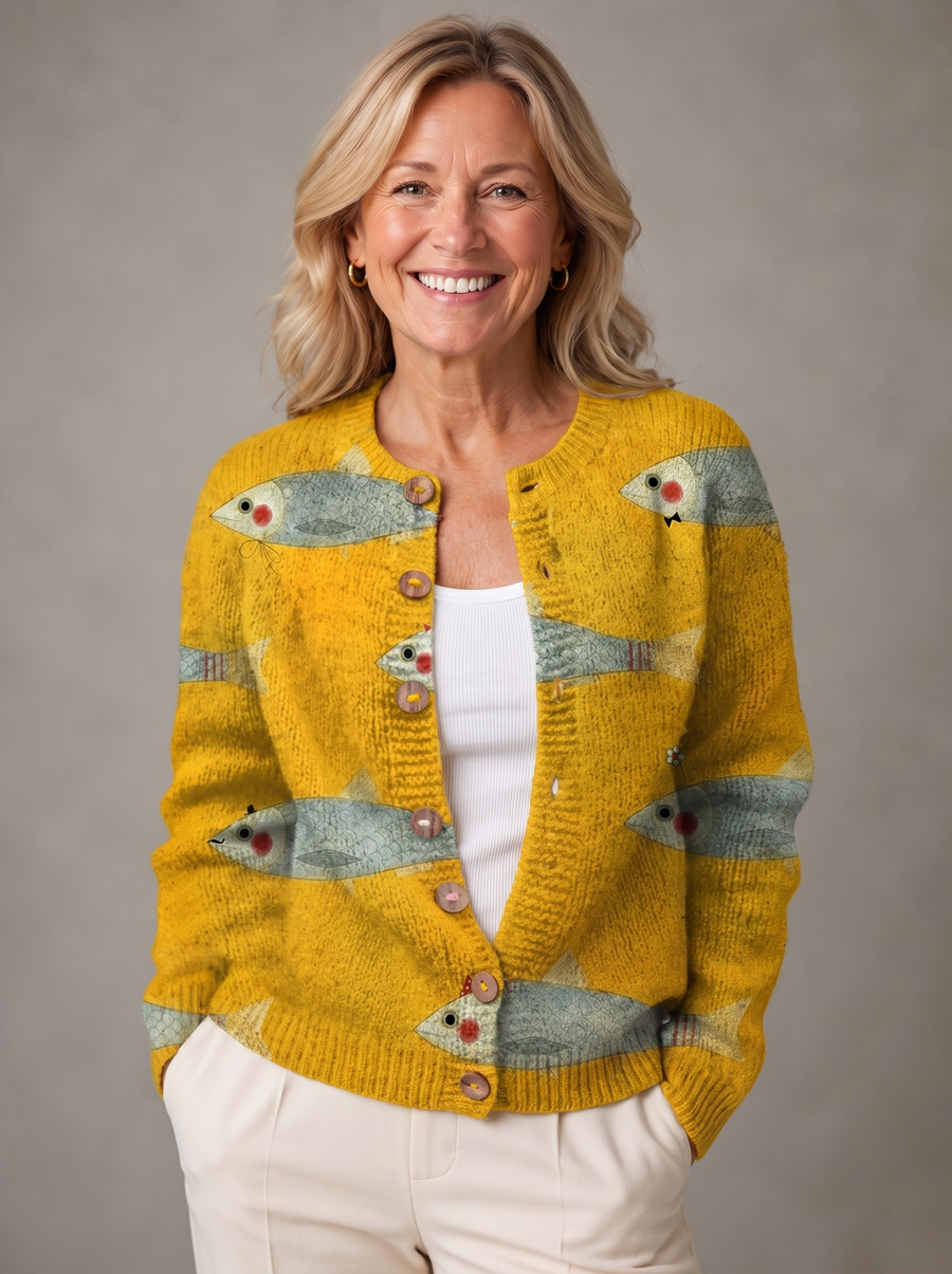Lyla | Coastal Fish Motif Knit Button Cardigan
