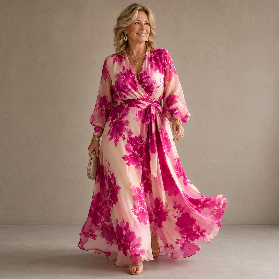 Juliesse | Rose Floral V-Neck Wrap Belted Maxi Dress