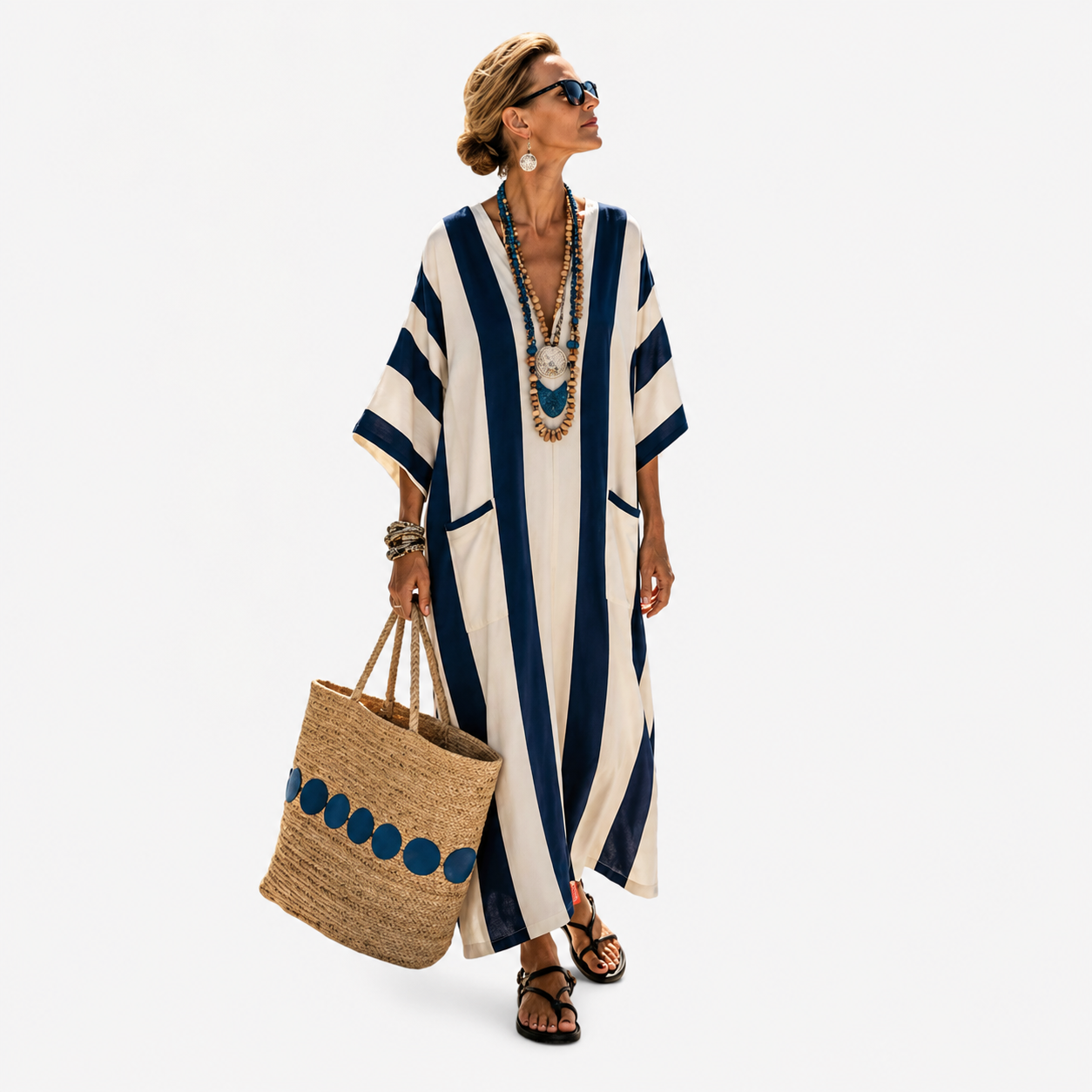Ivy | Striped Longline Kaftan Dress with Pockets