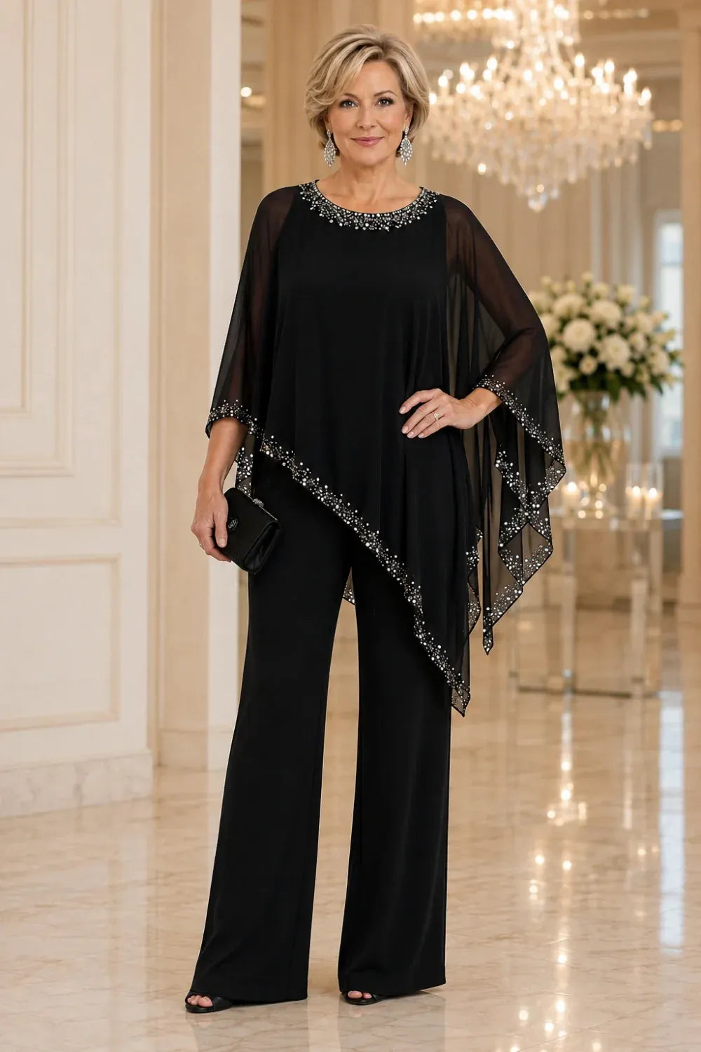 Celeste | Embellished Chiffon Cape Pant Set