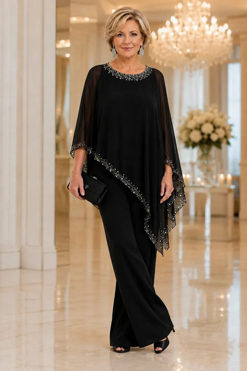 Celeste | Embellished Chiffon Cape Pant Set