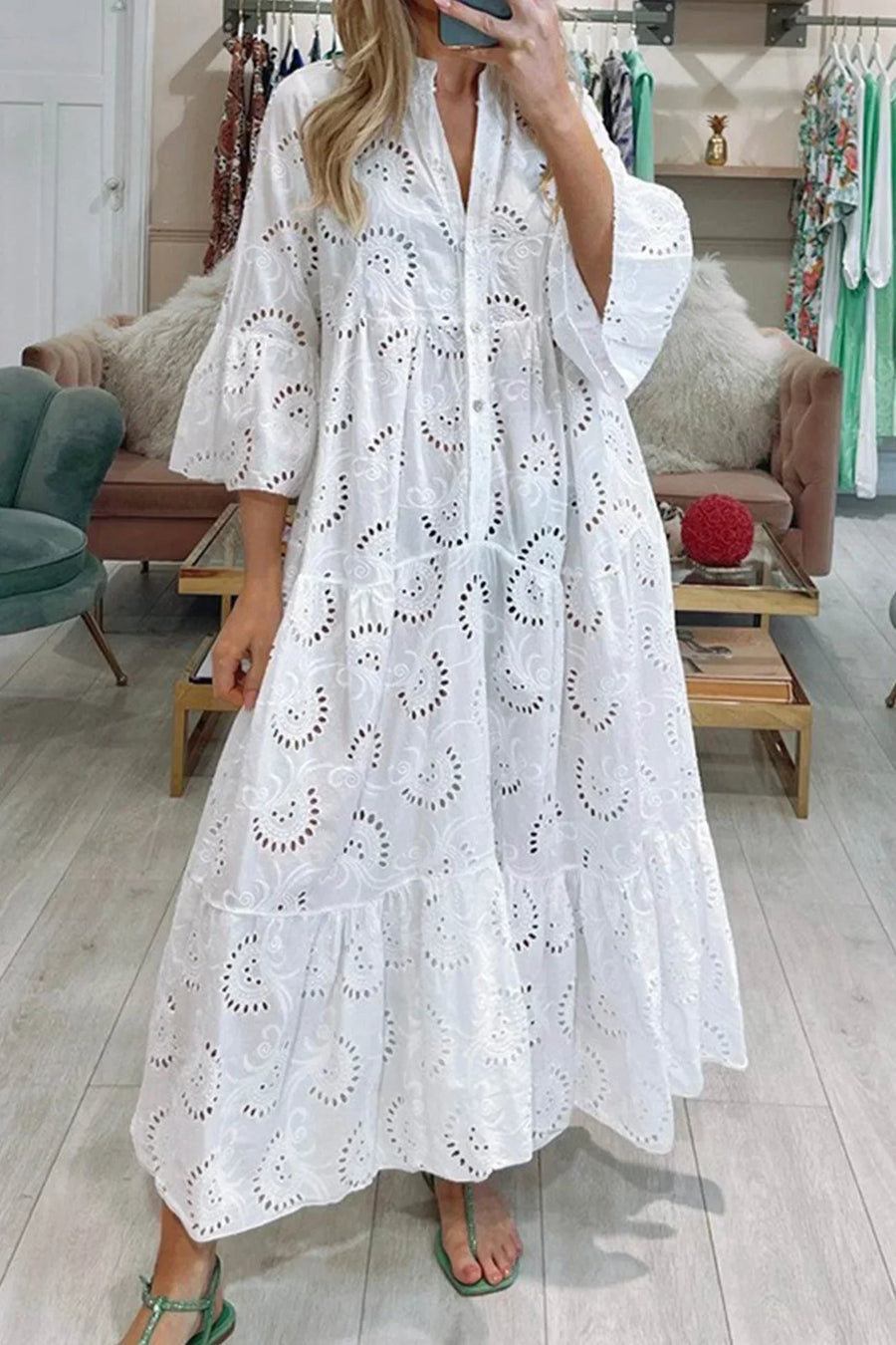 Isabelle | Romantic Eyelet Embroidery Maxi Dress with Elegant 3/4 Sleeves