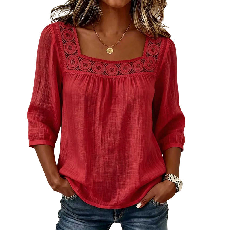 Olivia™ | Lace Trim Square Neck Blouse