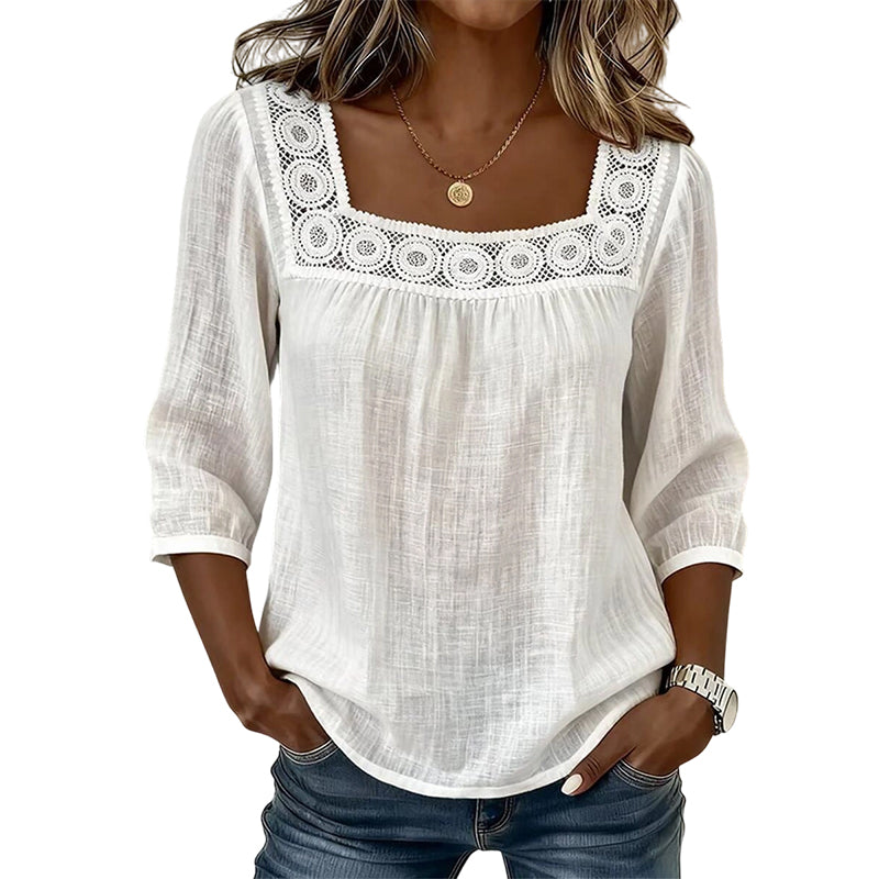 Olivia™ | Lace Trim Square Neck Blouse