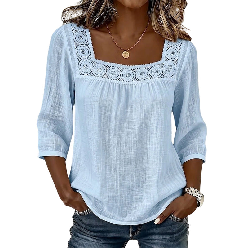 Olivia™ | Lace Trim Square Neck Blouse