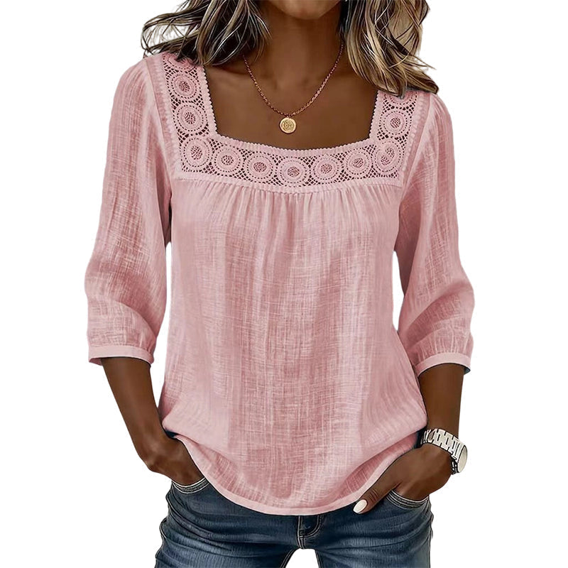 Olivia™ | Lace Trim Square Neck Blouse