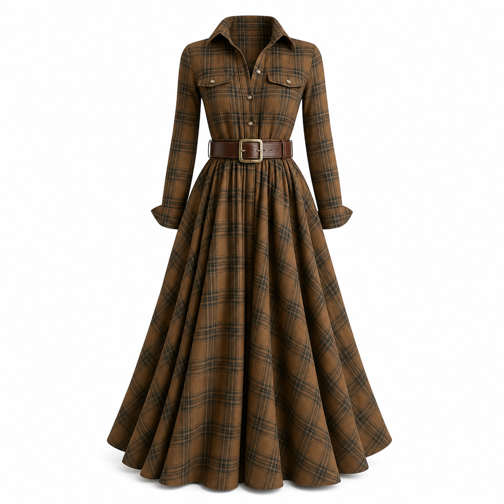 Senna | Vintage Plaid Belted Shirt Dress