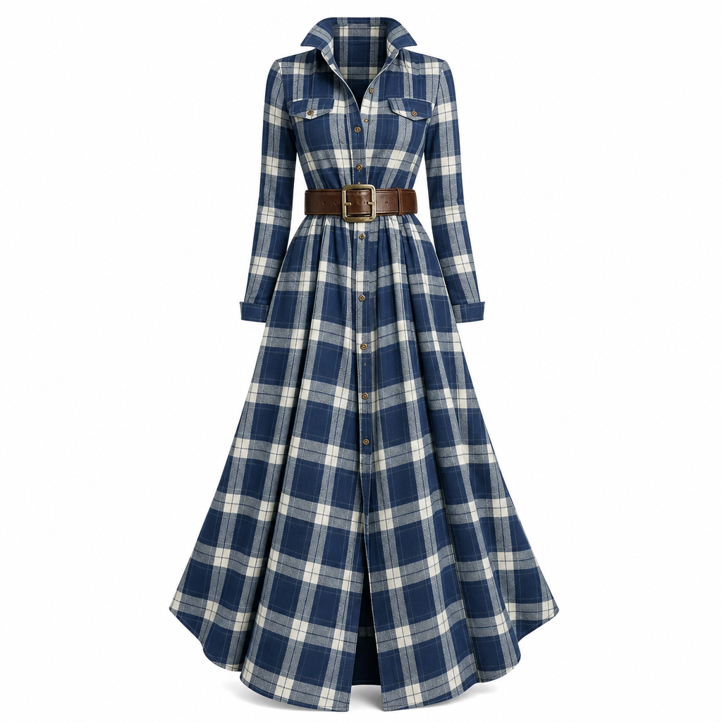 Senna | Vintage Plaid Belted Shirt Dress
