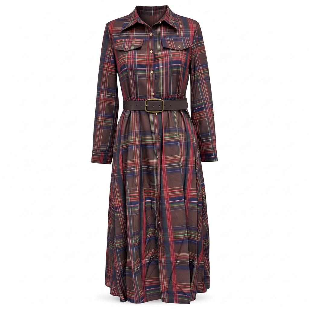 Senna | Vintage Plaid Belted Shirt Dress