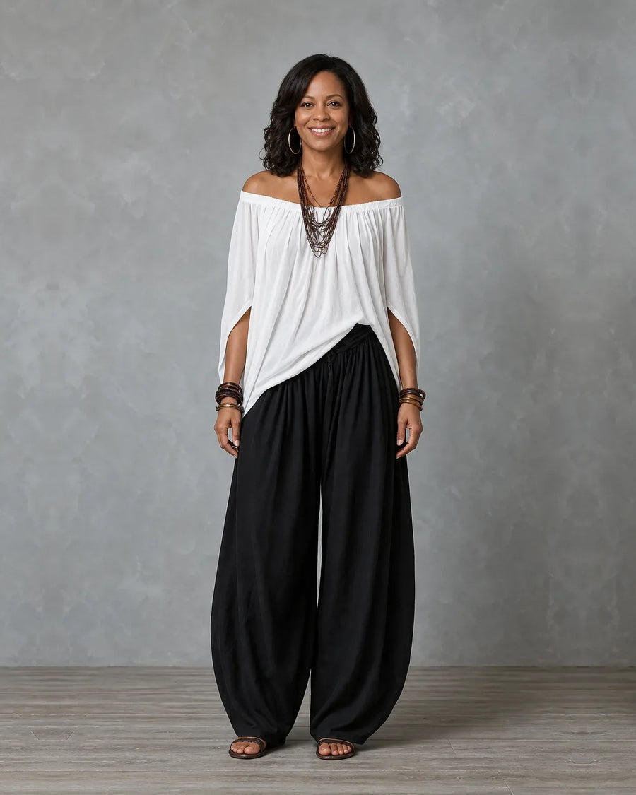 Jadia | Off-Shoulder Draped Top & Wide-Leg Two-Piece Set