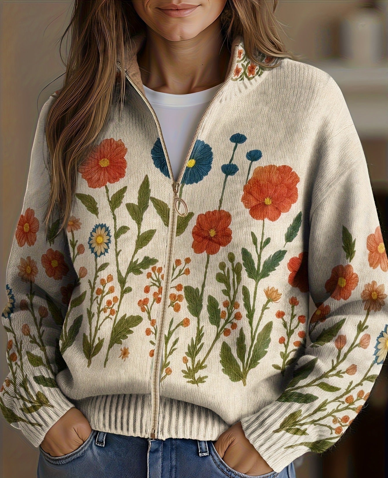 Wrenna™ | Floral Zip-Up Knit Cardigan